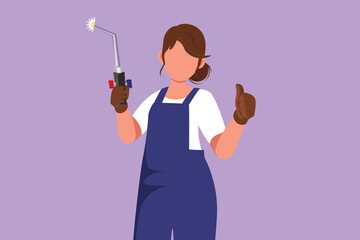 Cartoon flat style drawing female welder holding welding tool with thumb up gesture, working in construction of building forming steel frame that is melted by fire. Graphic design vector illustration