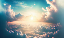 Sun Rise In Cloudy Sky Background, Dramatic Sunrise, Airplane View Above Clouds, Generative AI Illustration