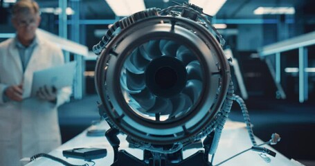 Fototapete - Adult Engineer in a White Scientist Coat with Laptop Computer Comes Up to Perform Diagnostics and Tests on a Futuristic Aerospace Jet Engine. Zoom In Footage Moving Inside an Advanced Turbine