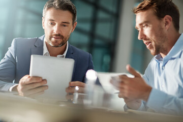 teamwork, tablet and business people in office talking, brainstorming or discussion. collaboration, 