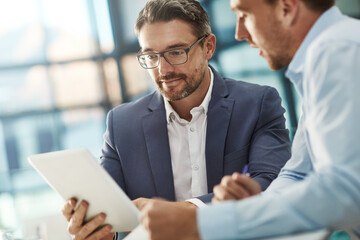 Aufkleber - Meeting, teamwork and business people with tablet in office workplace. Collaboration, technology and men or employees with touchscreen planning sales, marketing or advertising strategy in company.