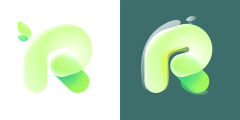 Poster - Letter R eco logo with green gradient and leaf in Glassmorphism style.