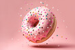 3d iced donut with flying candy on a pink background. Created with generative AI technology.