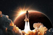 Successful launch of new space shuttle rocket with blast and smoke into space with red planet mars at sunset. Amazing spaceship with astronauts takes off to Mars in starry sky