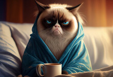 Portrait Von Einer Schlechtgelaunten Katze Mit Bademantel Und Einer Tasse Kaffee Am Morgen. Typischer Morgenmuffel - Generative Ai