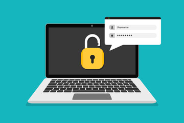 Aufkleber - Login form on laptop screen. Authentication on laptop. Сomputer with login and password form page on screen. User authorization. Username and password fields. Vector