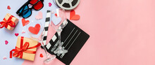 Beautiful Composition With Hearts, Movie Clapperboard, Valentines Day Style Gifts On Blue And Pink Background. Movie Night Concept. Love Date For Two. Copy Space. Flat Lay. Top View.