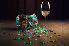 Colorful Confetti Fallen From Wine Glass With Carnival Mask 