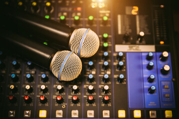 Close-up microphone and sound mixer in studio for sound record control system and audio equipment and music instrument