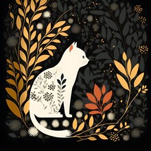 White Cat Silhouette Over Pattern Of Simple Leaves And Flowers, Autumn Tones, Black Background Scandanavian Folk Art, Flat Drawing, 2D 