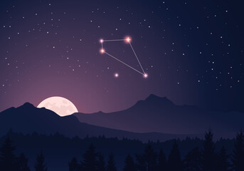 Wall Mural - vector constellation sextans in dark purple, starry sky. misty hills, rising moon, dark forest, moun