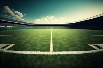 Wall Mural - Soccer field inside large stadium, green grass, generative ai