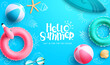 © ZeinousGDS - Hello summer vector design. Hello summer text with tropical elements like floater, beach ball and surf board. Vector illustration summer greeting background.