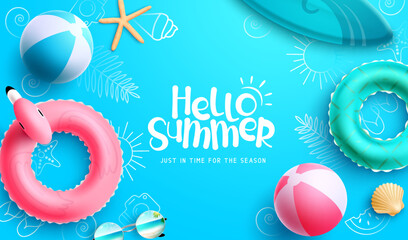 Fototapete - Hello summer vector design. Hello summer text with tropical elements like floater, beach ball and surf board. Vector illustration summer greeting background.
