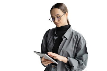 Surf the Internet Business woman glasses uses a tablet computer, isolated transparent background.