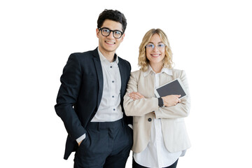 Wall Mural - Managers a man and a woman in formal attire holding a laptop concept office employee, isolated transparent background.