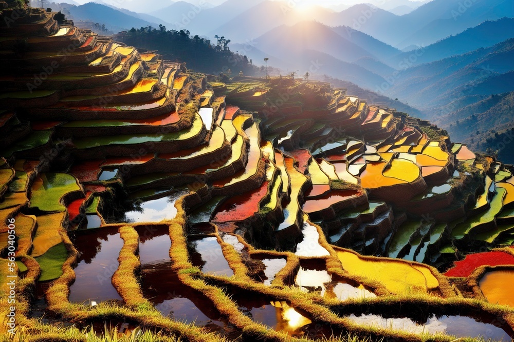 Two Color Rice Terraces Green rice terraces where the water released in the terraces reflect ...