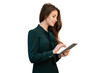 © muse studio - Female manager in a dress using a tablet in the hand of an office employee, isolated transparent background.