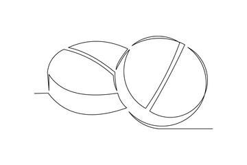 Wall Mural - Continuous single one line drawing of medicine pill or capsule. Vector illustration of medical drug pharmacy care.