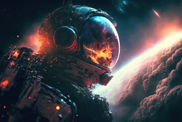 Wall Mural - close up astronaut with universe gradient color sky as illustration background idea for sci-fi theme