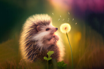 Wall Mural - Cute hedgehog with dandelion. Generative Ai