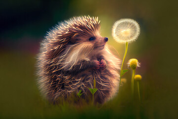 Cute hedgehog with dandelion. Generative Ai