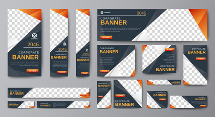 Modern banner design web template Set, Horizontal header web banner. Black and Orange cover header background for website design, Social Media Cover ads banner, flyer, invitation card