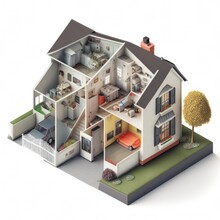 Isometric 3d Illustration Of A Single Family Home With Interior Cutout Visible Isolated On A White Background, Generative Ai