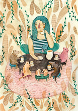 A Girl With Blue Hair Having A Tea Party With Different Kind Of Animals