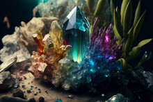Beautiful Rainbow Coloured Crystals. Photorealistic Digital Painting Mix. Created With AI Generative Technology. 