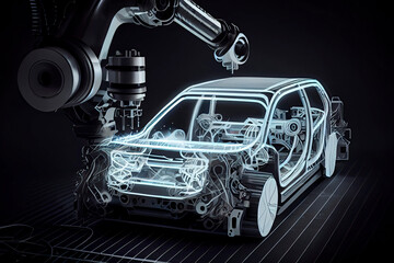 Robotic welder in automotive industry, white robot welding car body in car factory