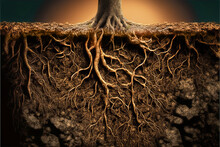 Tree Roots In Soil Close Up, Underground Texture, Generative AI Illustration