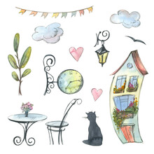 A Cute House With A Lantern, A Clock, A Cat, Clouds, Hearts, A Tree, A Table, A Chair, A Garland Of Flags. Watercolor Illustration. A Set From The PARIS Collection. For The Decoration And Design