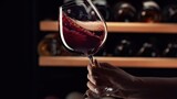 Fototapeta Na sufit - Close up female hand swirling red wine in wine glass. Wine expert tasting, rating and drinking wine, bottles in background.