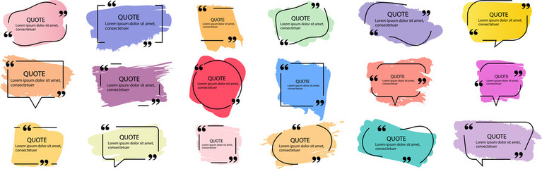 Wall Mural - Collection of quote box frames and icons. Text in brackets. Blank template of quote remarks. Empty speech and quote bubbles of different forms. Textbox