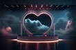 Futuristic Modern empty stage. Reflective dark room with glowing neon heart shape and cloud