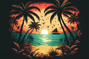 80's or 90's retro sunset landscape, Evening on the beach with palm trees, Colorful picture for rest. Palm trees at sunset, generative ai.