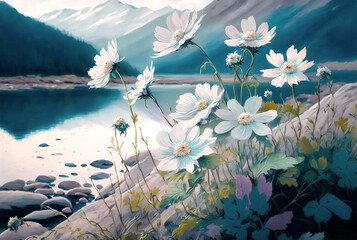 Poster - White meadow flowers on the background of mountains and lake. Digital painting, floral scenery, generative ai