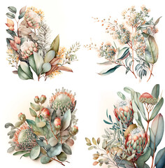 Canvas Print - Watercolor set with succulent flowers. Digital illustration clipart isolated on white background, generative ai