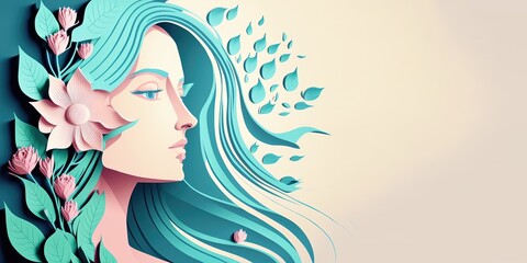 Wall Mural - Illustration of face and flowers style paper cut with copy space for international women's day