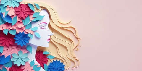 Wall Mural - Illustration of face and flowers style paper cut with copy space for international women's day