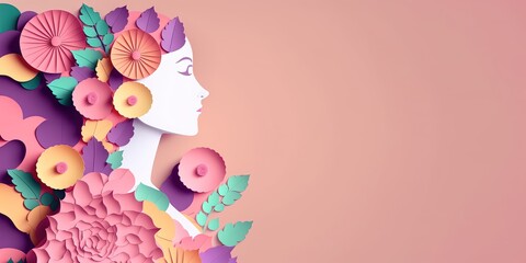 Wall Mural - Illustration of face and flowers style paper cut with copy space for international women's day