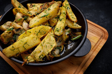 Wall Mural - Fried potatoes with mushrooms, onions and dill