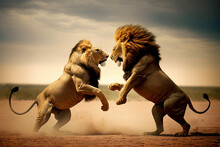 Two Lions Fight On Safari In Africa