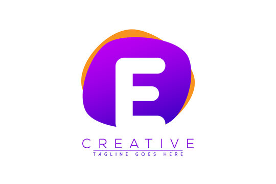Initial e, letter e vector logo icon with purple and orange geometric shapes in the back
