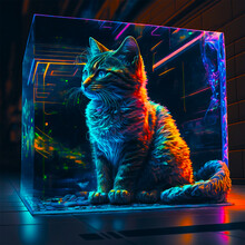 Cat In A Box Clear Glass Fish Tank With Neon Led Lights Of Various Colors Fantasy Futuristic Technology