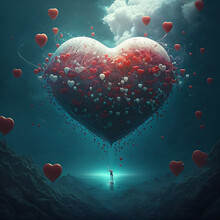 A Heart In The Middle Of A Cave With A River Where A Person Stands And Launches It Near The Main Red Heart, Many White And Red Balls In The Form Of Hearts Fly