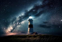 Lighthouse Against The Background Of The Starry Sky. Generative AI