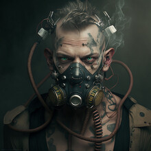 A Man With Bright Blue Eyes A Survivor Of The Apocalypse Of War And A Nuclear Strike In A Gas Mask With Tubes Gray Background