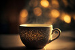 Steaming brown coffee cup with gold metallic flecks on a cosy bokeh background. Shallow depth of field. Created with generative AI technology.